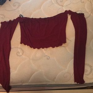 burgundy off the shoulder long sleeve crop top
